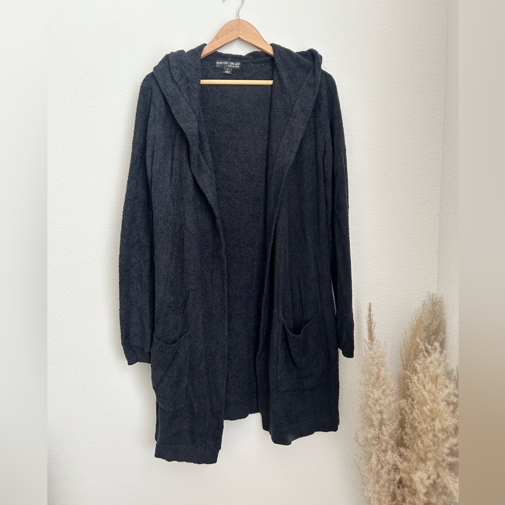Barefoot Dreams CozyChic Lite Black Hooded Long Cardigan - Medium